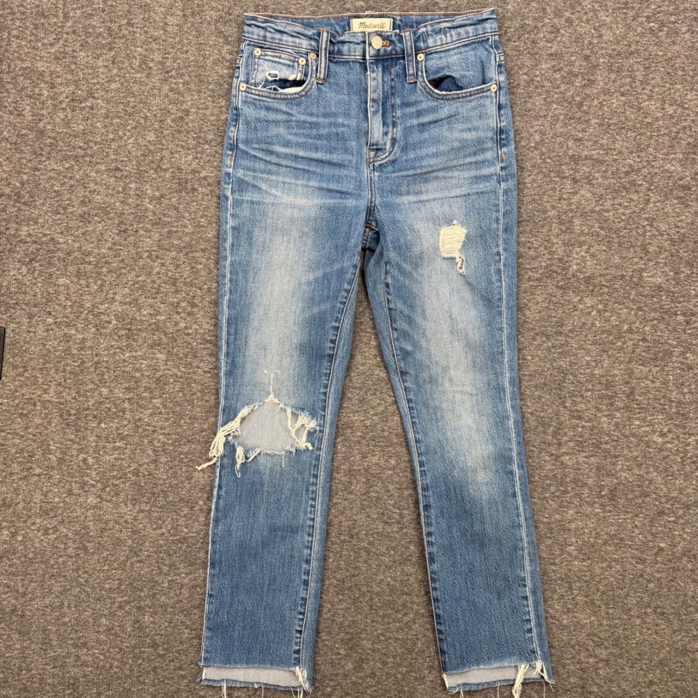Madewell High Rise Slim Boyjean Distressed Blue Denim Jeans Size 23 Raw Hem
